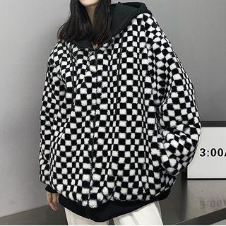 Checkerboard Fleece Hooded Zip Jacket