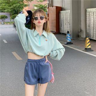 Stand-collar Cropped Pullover / Elastic-waist Shorts