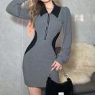 Puff-sleeve Polo-neck Sheath Dress