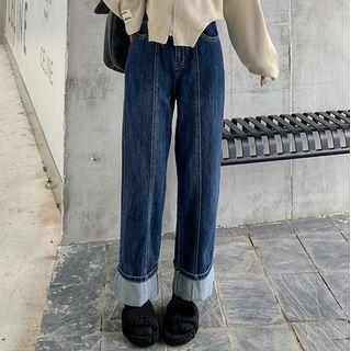 High-waist Plain Loose Fit Straight Leg Denim Pants