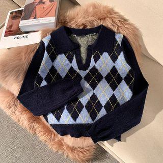Argyle Print Polo-neck Sweater Black & Blue - One Size