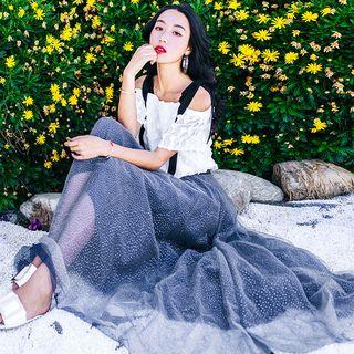 Set: Short-sleeve Cold Shoulder Top + Overlay A-line Midi Skirt