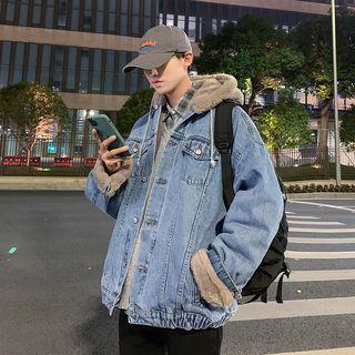 Faux Shearling Hooded Denim Jacket