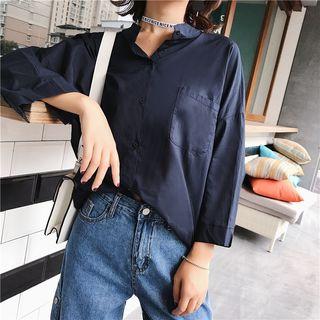 Single-breasted 3/4-sleeve Open Back Plain Long Blouse