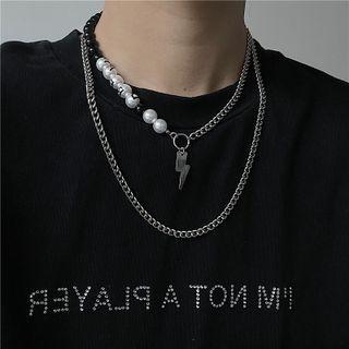 Lightening Bolt Pendant Necklace Faux Pearl - Silver - One Size