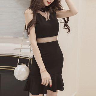 Mesh Panel Ruffled Hem Sleeveless Dress