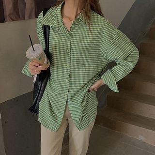 Long-sleeve Polo-collar Plaid Shirt