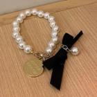Ribbon Pearl Bracelet 1 Pc - White & Black & Gold - One Size