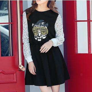 Printed Lace Panel Long Sleeve Dress