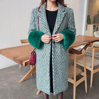 Faux-fur Cuff Wool Blend Chevron Coat