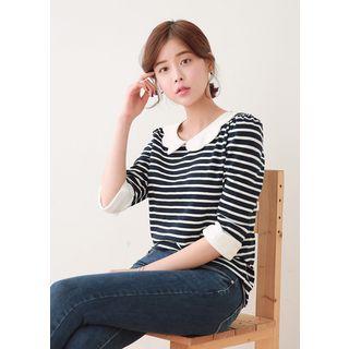 Scallop-collared Contrast-trim Striped Top