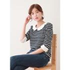Scallop-collared Contrast-trim Striped Top