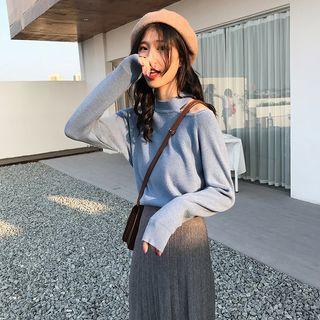 Mock-neck Cold Shoulder Long-sleeve Knit Top