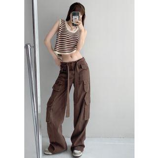 Multi-pockets Wide-leg Pants With Sash In 5 Colors
