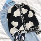 Long-sleeve Printed Knit Cardigan Black - One Size