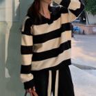 Striped Open-collar Sweater Black - One Size