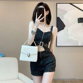 Set: Zip-up Denim Crop Camisole Top + Shorts