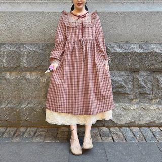 Long-sleeve Plaid Lace Panel Midi A-line Dress Pink - One Size