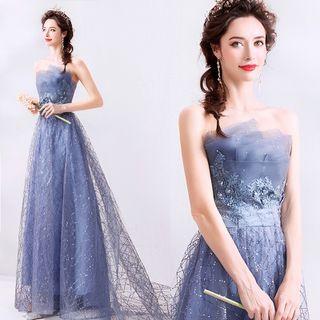 Strapless Floral Applique Embellished Mesh A-line Gown