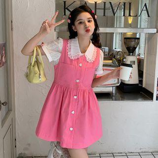 Button-up Denim Mini Overall Dress / Short-sleeve Lace Trim Striped Shirt
