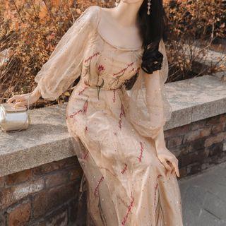 Flower Embroidered Puff-sleeve Dress