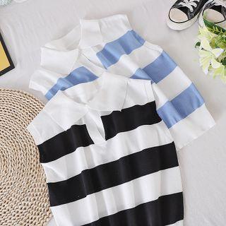 Lapel Striped Sleeveless Knit Top