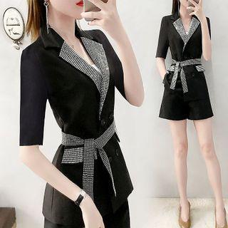 Set: Short-sleeve Rhinestone Blazer + Shorts