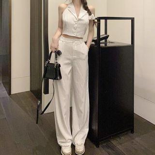 Sleeveless Striped Open-collar Crop Top / Wide-leg Dress Pants