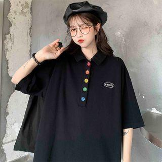Elbow-sleeve Collared Button Accent Shirt