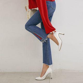 Lettering Fray-hem Washed Boot-cut Jeans