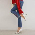 Lettering Fray-hem Washed Boot-cut Jeans
