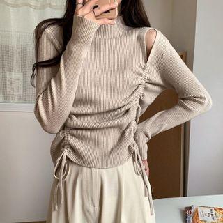 Cut-out Off-shoulder Drawstring Knit Top