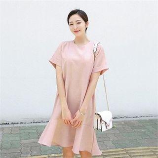 Cuff-sleeve Ruffle-hem Shift Dress