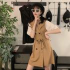 Elbow-sleeve Double-breasted A-line Mini Coat Dress