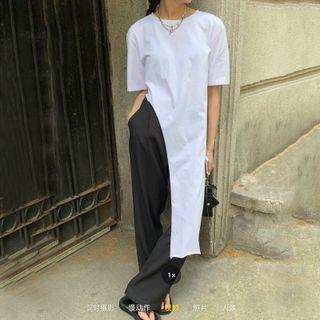 Short-sleeve Slit T-shirt Ivory White - One Size
