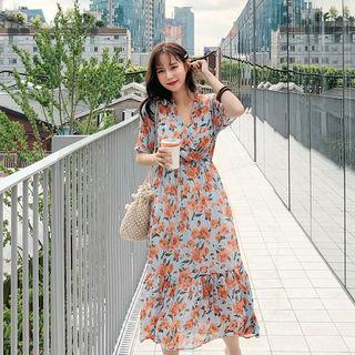 Floral Print Ruffle-hem Dress Blue - One Size