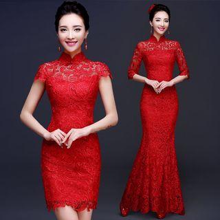 Mandarin Collar Sheath Lace Cocktail Dress / Evening Gown