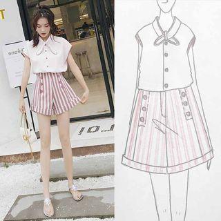 Set: Tie-neck Blouse + Striped Shorts