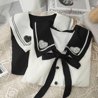 Patchwork Tie-neckline Embroidered Loose Shirt