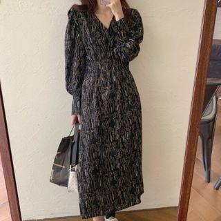 Long-sleeve Shirred Floral Dress