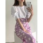 Puff-sleeve T-shirt / Floral Midi Pencil Skirt