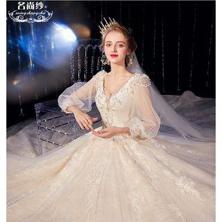 V-neck Balloon-sleeve Sequined A-line Wedding Gown