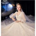 V-neck Balloon-sleeve Sequined A-line Wedding Gown