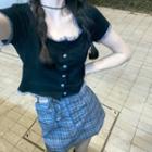 Cap-sleeve Top / Plaid Mini Skirt
