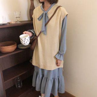 Long-sleeve Bow-neck Midi A-line Dress / Knit Vest
