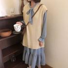 Long-sleeve Bow-neck Midi A-line Dress / Knit Vest