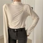 Plain Turtle-neck Long-sleeve Top As Figure - One Size
