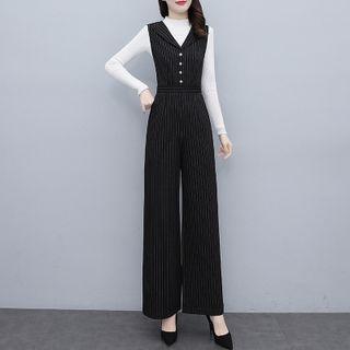 Mock-neck Knit Top / Sleeveless Striped Jumpsuit