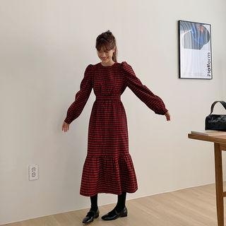 Ruffle-hem Long Plaid Dress Red - One Size