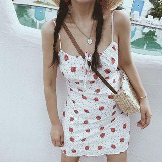 Spaghetti Strap Strawberry Print Fitted Mini Dress
